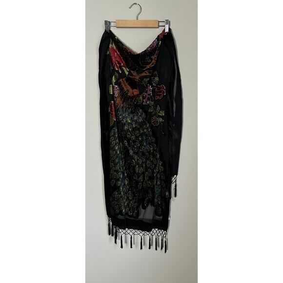 Burnout Velvet Floral Peacock Beaded Embellished Rectangle Scarf Wrap - Picture 3 of 4